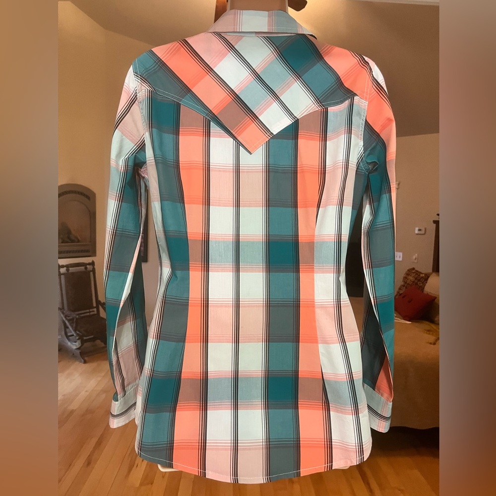 Wrangler Retro Teal and Orange Plaid Western Rodeo Turquoise Snap Shirt, Size S - Picture 5 of 10